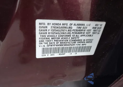 2012 Honda Pilot Touring z USA, uszkodzony, nr VIN 5FNYF4H90CB042539